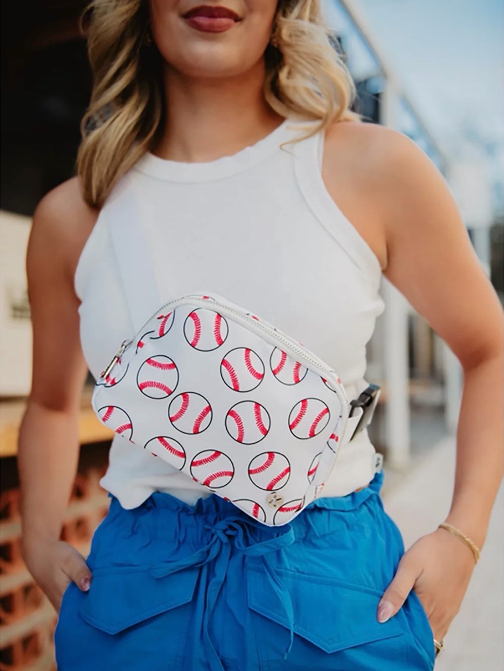Katydid White Baseball Print Belt Bag